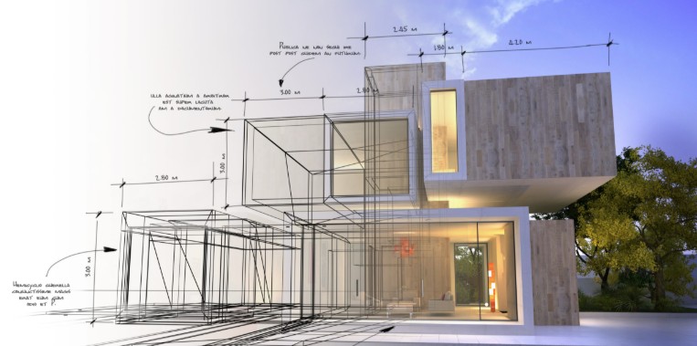 An architectural visualisation resolving from dimensioned wireframe drawing on the left into a finished rendered building on the right