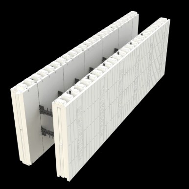 Cutaway view of an Element ICF block showing the two insulation panels joined by steel web ties