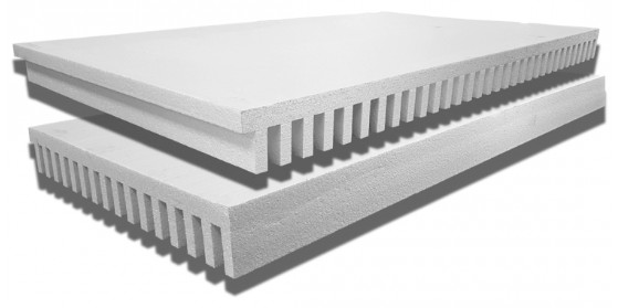 Two Frost Cushion expanded polystyrene grade beam void form panels showing the notched underside